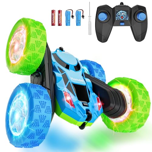 Hamdol RC Cars Toys for Kids Ages 6-12, 360° Spinning Double-Sided Remote Control Car with LED Lights, 4WD Rechargeable Toy for Boys Age 8-10, Perfect Birthday Holiday Valentines Easter Gift - color: Blue&green, size: Glow (Headlights & Wheel Lights)