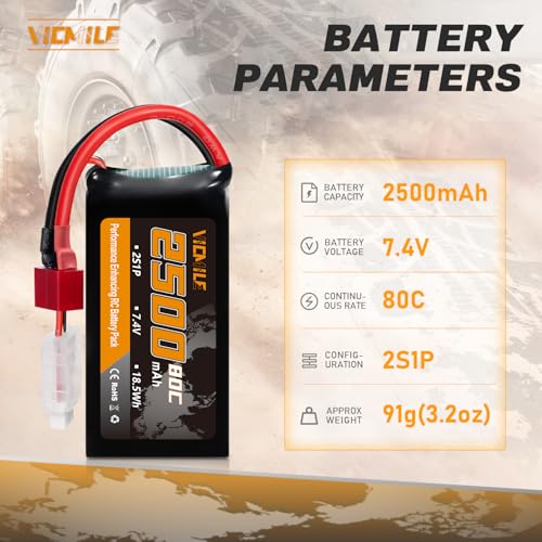 2S Lipo Battery 2500mAh 7.4V 80C High Discharge Rate Shorty Pack RC Batteries with Dean-Style T Plug Fit for RC Airplane FPV Quadcopter Helicopter Drone Racing RC Hobby Model with 1TO2 Charger - style: Dean-Style T