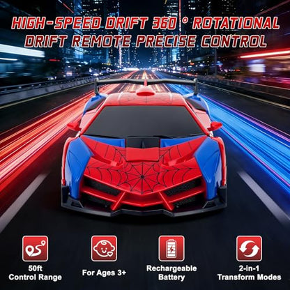 Spider Remote Control Car Toy for Boys, 2.4Ghz RC Transform Robot, 1:18 Scale One-Button Deformation 360°Rotation Car with Underbody Lights, Gifts for Boys Ages 3 4 5 6 7 8 9 10 11 12 - style: Spiderman