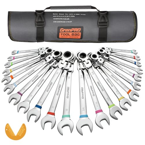 GRENPRO 23PC Flex Head Ratcheting Wrench Set SAE & Metric Mechanic Tools | 1/4"-3/4"&6-18MM Bolt Gauge, CR-V Steel 72-Tooth 180-Degree Flex Head 12Pt, Color Rings, Roll Pouch For Auto & Home Repair - style: 23PCS Flex Head Ratcheting Wrench Set Metric&SAE
