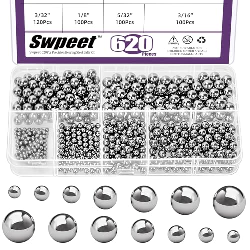 Swpeet 620Pcs 6 Sizes 3/16" 7/32" 1/4" 5/32" 1/8" 3/32" Imperial Precision 304 Stainless Steel Bearing Balls Assortment Kit, Assorted Loose Bicycle Bearing Balls for Bicycles Casters