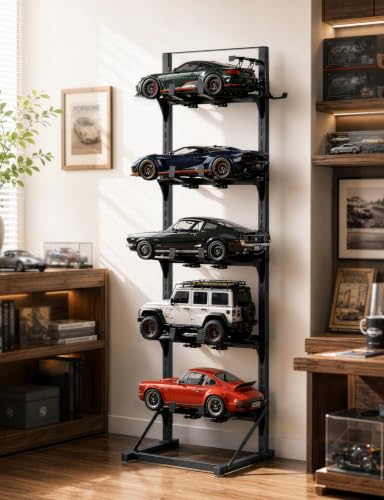 RC Car Display Stand 5-Tier Adjustable Shelf for 1/8 1/10 1/12 1/18 1/24 Scale Models – Compatible with TRX4, SCX10, TRX4M, Ascent-18, FCX18, SCX24 Crawler Trucks with Side Hooks for Remotes & Tools