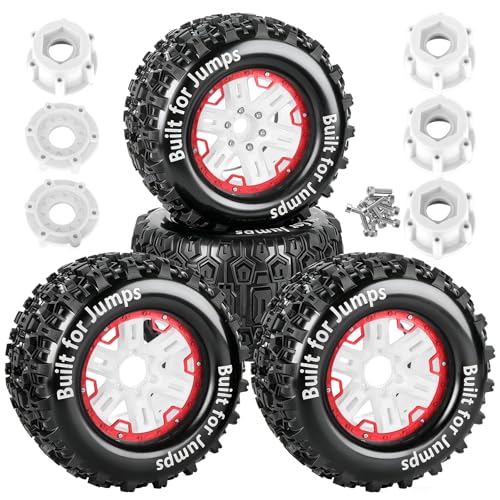 RC Wheels and Tires Set(4PCS) for 1/8 1/10 Monster Truck Tires,Traxx as/Arrm a 6S/Summi t/E Rveo/T-Maxx RC Off-Road etc,17mm Hex Tire and Wheels/Plastic Rims,Red and White - color: Red and White-(wheels Tires)