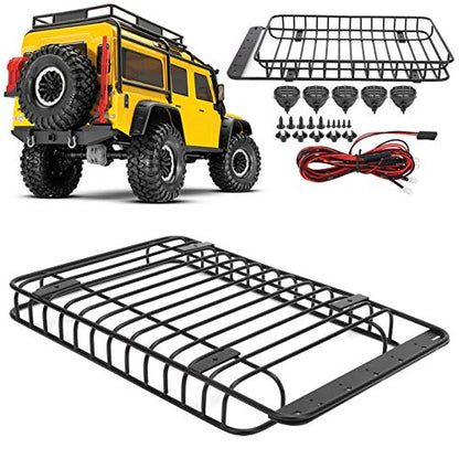 RC Roof Rack Metal Luggage Carrier for - 4 and Axial SCX10, Lightweight Simulated Roof Rack with 5 LED Lights, Black RC Car Accessory