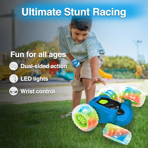 Contixo SC3 RC Stunt Car, Blue 2.4GHz 4WD Double-Sided 360° Rotating flip Racer Remote Control Toy Cars with LED Lights for Kids Girls Boys Age 4-12 Birthday Gift - color: Blue