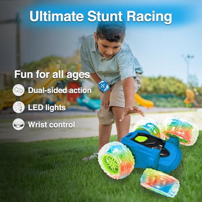 Contixo SC3 RC Stunt Car, Blue 2.4GHz 4WD Double-Sided 360° Rotating flip Racer Remote Control Toy Cars with LED Lights for Kids Girls Boys Age 4-12 Birthday Gift - color: Blue