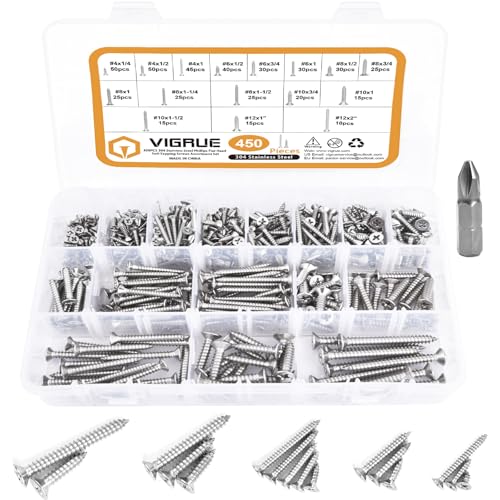 VIGRUE 450Pcs Stainless Steel Wood Screws Set #4#6#8#10#12 Phillips Flat Head Sheet Metal Screw Self Tapping Screws Assortment Kit, Length 1/4" to 2" - style: 450Pcs Pan Head #4#6#8#10#12