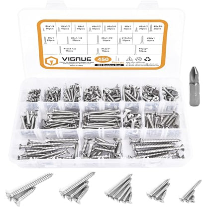 VIGRUE 450Pcs Stainless Steel Wood Screws Set #4#6#8#10#12 Phillips Flat Head Sheet Metal Screw Self Tapping Screws Assortment Kit, Length 1/4" to 2" - style: 450Pcs Pan Head #4#6#8#10#12