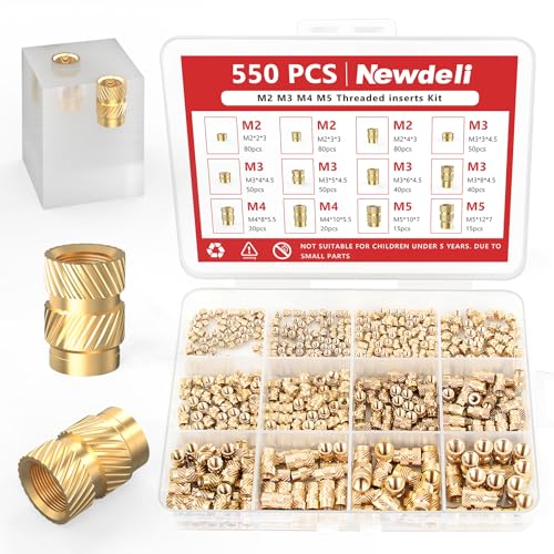 Newdeli 550pcs Threaded Inserts M2 M3 M4 M5 Heat Set Inserts Kit for Plastic and 3D Printing Components- Brass Metric Knurled Nuts Assortment Kit - size: M2 M3 M4 M5 (550 pieces)