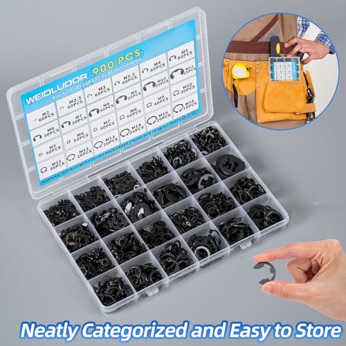 900PCS Carbon Steel Retaining Rings Set - 24 Sizes C Clips & E Clips Assortment Kit for Auto Parts Repair, Machinery Maintenance and Industrial Equipment