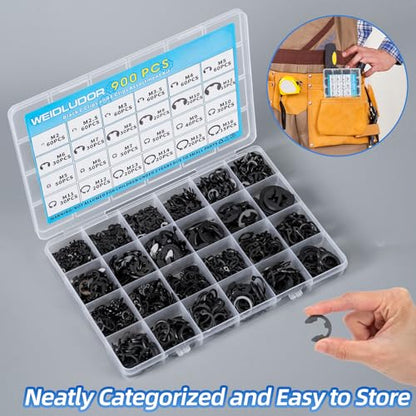 900PCS Carbon Steel Retaining Rings Set - 24 Sizes C Clips & E Clips Assortment Kit for Auto Parts Repair, Machinery Maintenance and Industrial Equipment