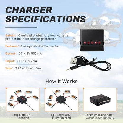 3.7V Lipo Battery 450mAh High Capacity 25C RC Molex Drone Battery with 5-in-1 Charger for SYMA Q11 AT-96 TR-C385 TR-P51 TR-F22 H99W H31 H6C H98 Holy Stone HS170G HS170 HS170C HS230 Quadcopter