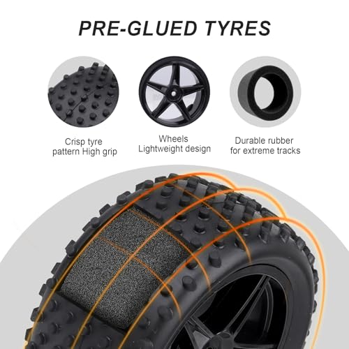 Hobbypark Pre-Glued 1/10 Buggy Wheels and Tires, Front (34mm Width) and Rear(42mm Width), Foam Inserts, 12mm Wheel Hex Hubs 4mm Axle Hole, Set of 4