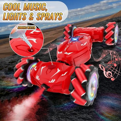 Pristar RC Stunt Cars, Gesture Sensing Remote Car Toys for 6-12 Boys Girls | 2.4Ghz Hand Remote Control Car with Spray Lights Music 360° Rotation 4WD Off-Road, Birthday Xmas Gifts for Kids Age 6-12 - color: Red