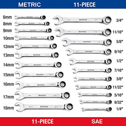 DURATECH 22-Piece Ratcheting Wrench Set, Combination Wrench Set, Metric&SAE | 1/4" to 3/4" & 6mm-18mm, CR-V Steel, Mirror Finish, for Auto & Machinery Repair, Home Maintenance, Portable Pouch Included - style: Regular