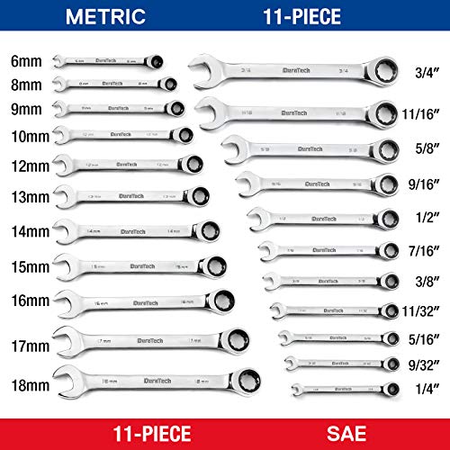 DURATECH 22-Piece Ratcheting Wrench Set, Combination Wrench Set, Metric&SAE | 1/4" to 3/4" & 6mm-18mm, CR-V Steel, Mirror Finish, for Auto & Machinery Repair, Home Maintenance, Portable Pouch Included - style: Regular