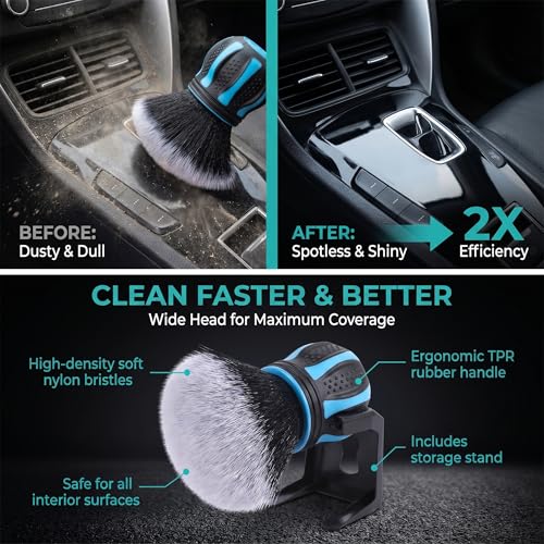 1 PC Car Detailing Brush, Ultra Soft Bristle Interior Cleaning Tool with Storage Rack, Ball-shaped Handle for Dashboard Vents, Universal for Most Cars, Trucks, SUVs (Blue)