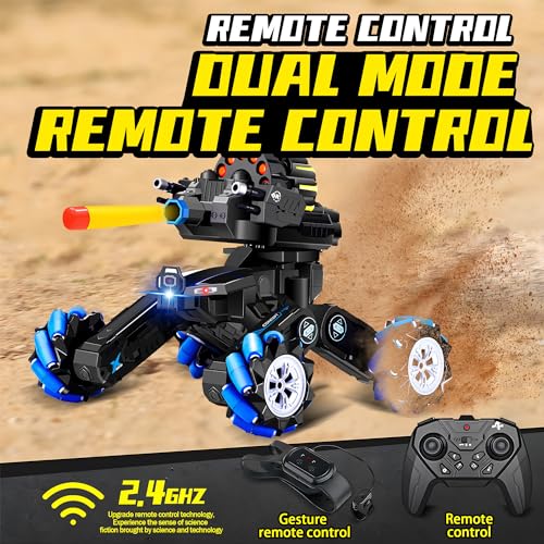 RC Tank that Shoots, Gesture Sensing RC Tank for Boys 8-12 | Hand Gesture & Remote Drift Remote Control Trucks, 2.4GHz Battle Soft Bullets, Spray, Music, LED Lights, Kids Gift - color: Blue & Soft Bullets