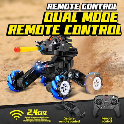 RC Tank that Shoots, Gesture Sensing RC Tank for Boys 8-12 | Hand Gesture & Remote Drift Remote Control Trucks, 2.4GHz Battle Soft Bullets, Spray, Music, LED Lights, Kids Gift - color: Blue & Soft Bullets