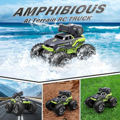 1:16 Amphibious Remote Control Car with Shooting Water Gun Gesture Sensing RC Car Boat Waterproof RC Tank Off-Road Stunt Car Toy Monster Truck for Outdoor Gift for Kids With 2 Replaceable Batteries - color: Green