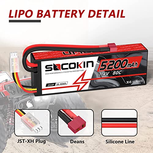 2S Lipo Battery 7.4V 5200mAh 80C Battery with Hard Case T-Plug for RC Evader BX Car Buggy Boat Drones 1/10 Scale Racing Truck Racing Heli Airplane
