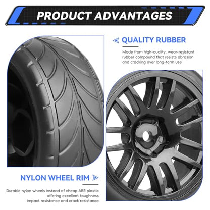 Preglued 1/10 On Road Wheels and Tires 12mm Hex Wheels Rubber Flat Racing Tires for Traxxas 4tec 2.0 3.0 Tamiya TT02 TT01 HPI RS4 Wltoys 144001 Kyosho Fazer 4PCS