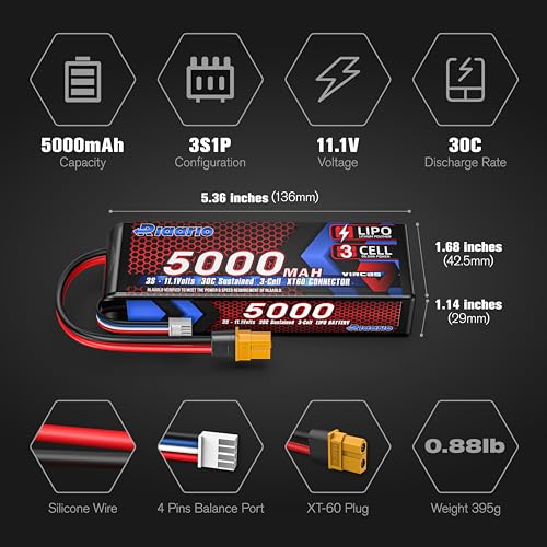 RIAARIO 3s Lipo Battery 30C 5000mAh 11.1V Lipo Battery with XT60 Connector for RC Car Truck Truggy Buggy Racing Hobby Models(1 Pack)