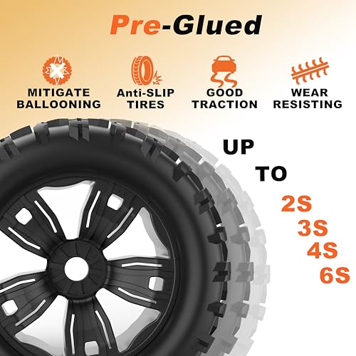 17mm Hex RC Wheels and Tires 4PCS RC Truck Buggy 3.8 Tires Wheels for 1/8 1/10 Scale Arrma Kraton Notorious Outcast Typhon 6S 4S 3S Traxxas Maxx T Maxx Sledge Revo 3.3 Tires Wheels Preglued