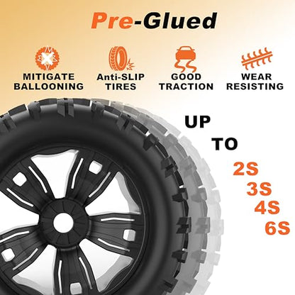 17mm Hex RC Wheels and Tires 4PCS RC Truck Buggy 3.8 Tires Wheels for 1/8 1/10 Scale Arrma Kraton Notorious Outcast Typhon 6S 4S 3S Traxxas Maxx T Maxx Sledge Revo 3.3 Tires Wheels Preglued