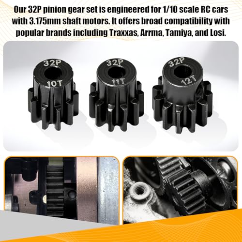 3PCS 32P Pinion Gear #45 Hardened Steel 3.175mm - 10T 11T 12T 0.8M Motor Pinion Gear Set for 1/10 RC Car, Compatible with Traxxas Arrma Tamiya Losi Brushless Brushed Motor Upgrade Parts - size: 10 11 12T