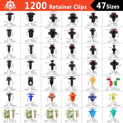 1351PCS Car Retainer Clip Assortment Kit 42 Most Popular Sizes | Ford Trim Door Panel Trim Screw Clips Nylon Bumper Fender Rivets with Red Fasteners for GM Toyota Honda - size: Car Clips 1351PCS-Red