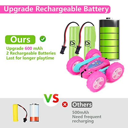 FREE TO FLY Remote Control Car for Girls : Pink RC Car Double Sided 360°Flip Stunt Cars with Headlights & WheelLights Rechargeable Toy Car Birthday Gifts for Girl Kids Age 6 7 8 9 10 11 12 Year Old - color: Pink Rose