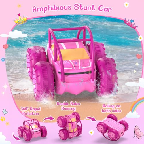 MaxTronic Amphibious Remote Control Car,Rechargeable RC Cars Toy 360° Flips Rotation Stunt Crawler 15KM/H 4WD All Terrain Outdoor Indoor Toy for Kids Boys Girls 3-12 - color: Pink
