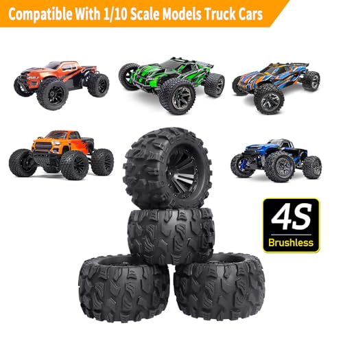 Preglued RC 1/10 Monster Truck Tires and 12mm Hex Wheels for Traxxas Stampede Hoss Rustler 4x4 VXL 2WD Redcat Volcano EPX S30 HSP 94111