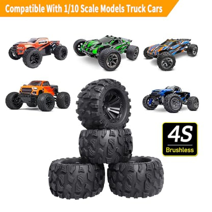 Preglued RC 1/10 Monster Truck Tires and 12mm Hex Wheels for Traxxas Stampede Hoss Rustler 4x4 VXL 2WD Redcat Volcano EPX S30 HSP 94111