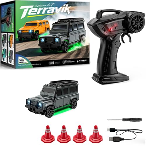 1:64 Scale Mini RC Drift Car with Gyro Full Proportional RTR 2.4Ghz Remote Control with RGB Lights (07-Black) - style: 07-Black