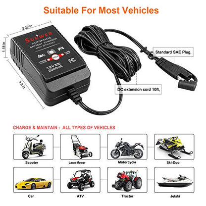 Suuwer Automatic Trickle Battery Charger, 12V 2000mA Battery Maintainer | for Car Motorcycle ATV Boat and More, With 12FT DC Cable
