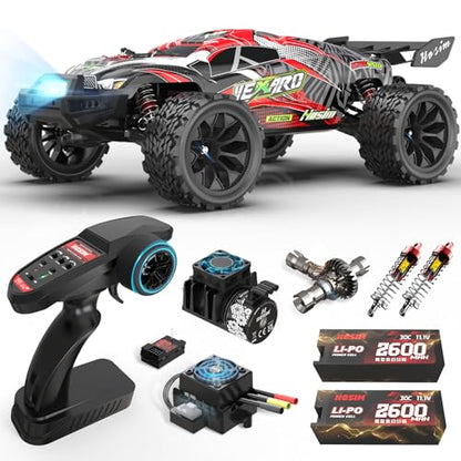 Hosim Mini 1:8 Brushless RC Cars for Adults, VEXARO 50+MPH Fast RC Trucks | 3660 3100KV Brushless Motor & 80A ESC, 2* 2600mAh 3S Lipo, Chrome Steel Central Transmission, All-Metal Oil-filled Shocks - color: Red
