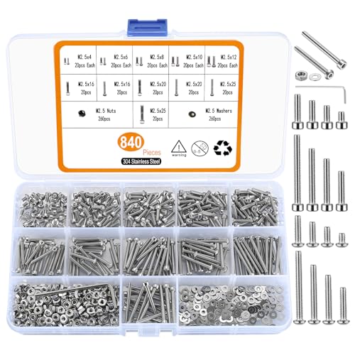 840 Pcs M2.5 Small Metric Screws with Nuts, Hex Socket Head Cap and Nut Assortment Kits, Stainless Steel Replacement Machine Fastener Screws and Bolts Nuts (M2.5 840 Silver) - color: M2.5 840 Silver