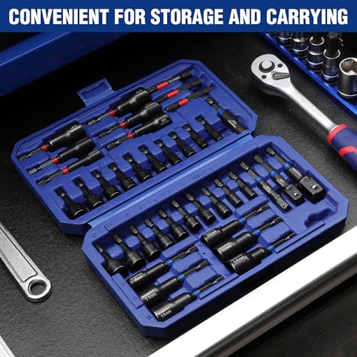WORKPRO 39 PCS Magnetic Nut Driver Set, Impact Driver Bit 1/4" Hex Shank | SAE & Metric Cr-V Steel Power Nut Drivers with Impact Socket Adapters, Screwdriver Bits, Bit Holder, Sturdy Tool Box - size: 39PCS Magnetic Nut Driver Set