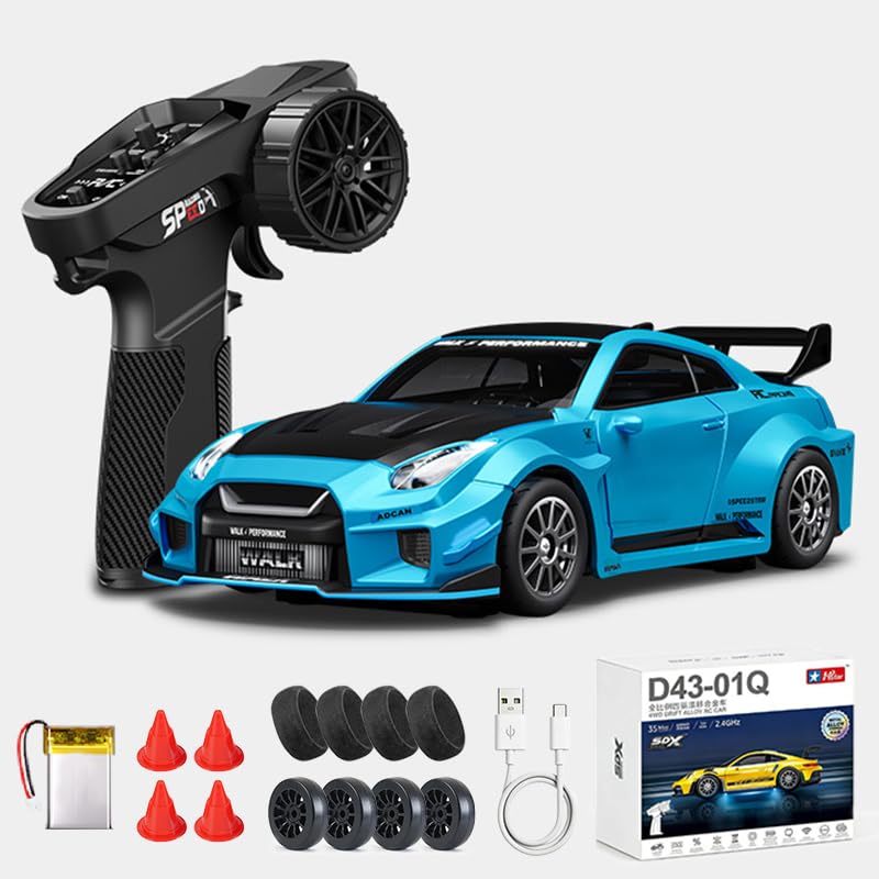 1:43 RC Drift Car D43-02 - 2.4G Full Proportional 4WD Alloy 20KM/H High Speed RC Racing Car with Gyro, Silent Bearings, Adjustable Speed & Lighting(Q8/Blue/D43-02) - color: Q8/Blue, size: D43-02