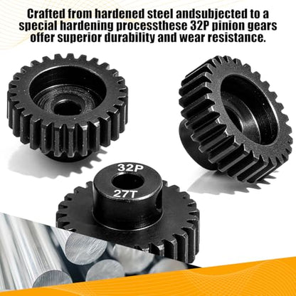 32P 27T RC Car Gear Set | 45# Steel Black Oxide | 5mm Bore +0.03mm | Precision Engineered Motor Pinion Gear Compatible with Traxxas/ARRMA/HPI/Kyosho (3-Pack with M4 Set Screws) - style: 3Pcs 27T