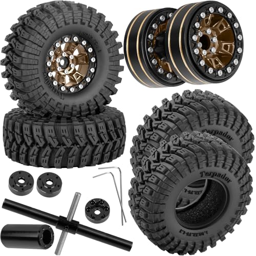 RC 1.3 Beadlock Wheels and Tires Single & Dually for 1/18 TRX4M Ascent-18,1/24 SCX24 FCX24 RC Crawler Car,Aluminium & Brass 1.3 Rims w/All Terrain Rubber Tire,4pcs,Brown w/Black - color: Brown(4pcs)