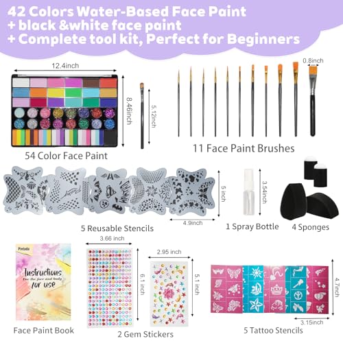 42 Color Face Painting Kit - Non-Toxic Water Activated Face & Body Paint Set with Stencils, Brushes, Sponges - For Halloween, Carnival, Birthday Parties, Costume Makeup, Festivals & Events - color: 42 Color Face Painting Set with Cake