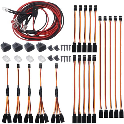 18Pcs 3-Pin JR Servo Extension Cable,1 JR Male to 2/3 Female JR Y Harness Servo Cable & 3.93" 5.9" 11.8" JR Extension Wire and 4 White LED Light for RC Cars Trucks Airplanes Servo Receiver Connection