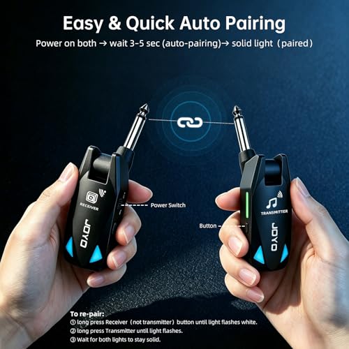 JOYO Wireless Guitar System UHF Transmitter Receiver 6 Channel <2ms Low Latency 150ft Long Range Rechargeable for Guitar Bass 6.35mm Mono Audio Cordless (JW-08)