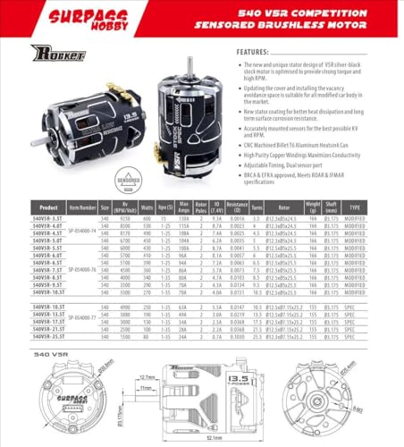 Rocket-RC 540 V5R Sensored Brushless Motor 6.5T 8.5T 10.5T 13.5T 17.5T 21.5T 25.5T for 1/10 1/12 Scale F1 Drift RC Racing Car (Black 8.5T Modified) - color: Black 8.5T MODIFIED
