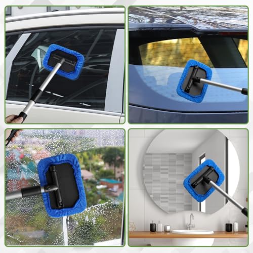 Windshield Cleaning Tool, Car Cleaning Window Tool, Car Window Cleaner with Unbreakable Extendable Handle and Microfiber Cloth, Scratch-Free Car Cleaning Brush for Auto Glass Wiper (Blue) - color: Blue