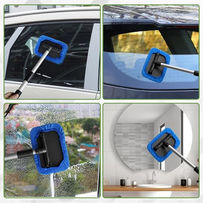 Windshield Cleaning Tool, Car Cleaning Window Tool, Car Window Cleaner with Unbreakable Extendable Handle and Microfiber Cloth, Scratch-Free Car Cleaning Brush for Auto Glass Wiper (Blue) - color: Blue