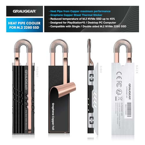 GRAUGEAR Heat Pipe Cooler for M.2 SSD Memory Extension, M.2 2280 NVMe SSD Heatsink, Pure Copper Heat Pipe, Premium Aluminum Plate-Fin Design, Thermally Conductive Graphite on Copper Foil